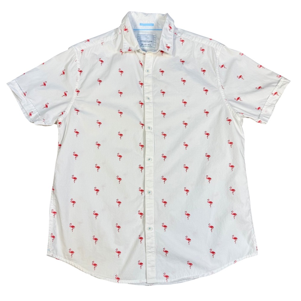 Denim & Flower Flamingo Short Sleeve Button Up Tropical Aloha Shirt‎ Top Slim L